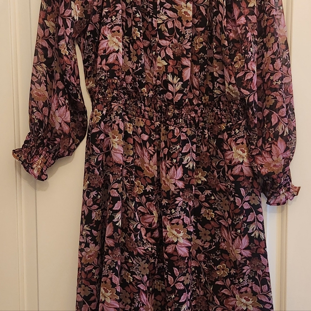 Mango Black Floral Long Sleeve Dress with Pink and Brown Accents
